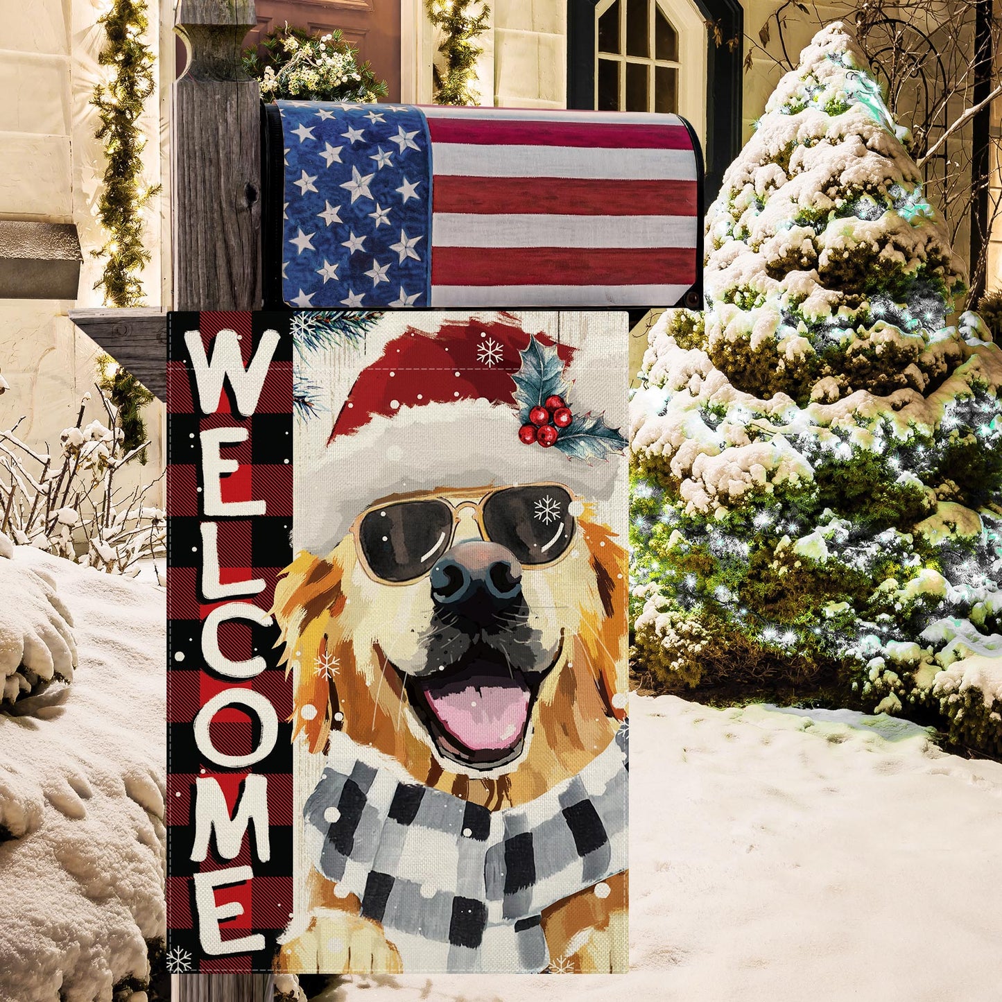 CMEGKE Christmas Golden Retriever Garden Flag Dog Garden Flag, Christmas Garden Flags for Outside Double Sided Winter Yard Flag Xmas Holiday Flag Home Yard Farm Christmas Decor Outdoor 12.5 x 18 In