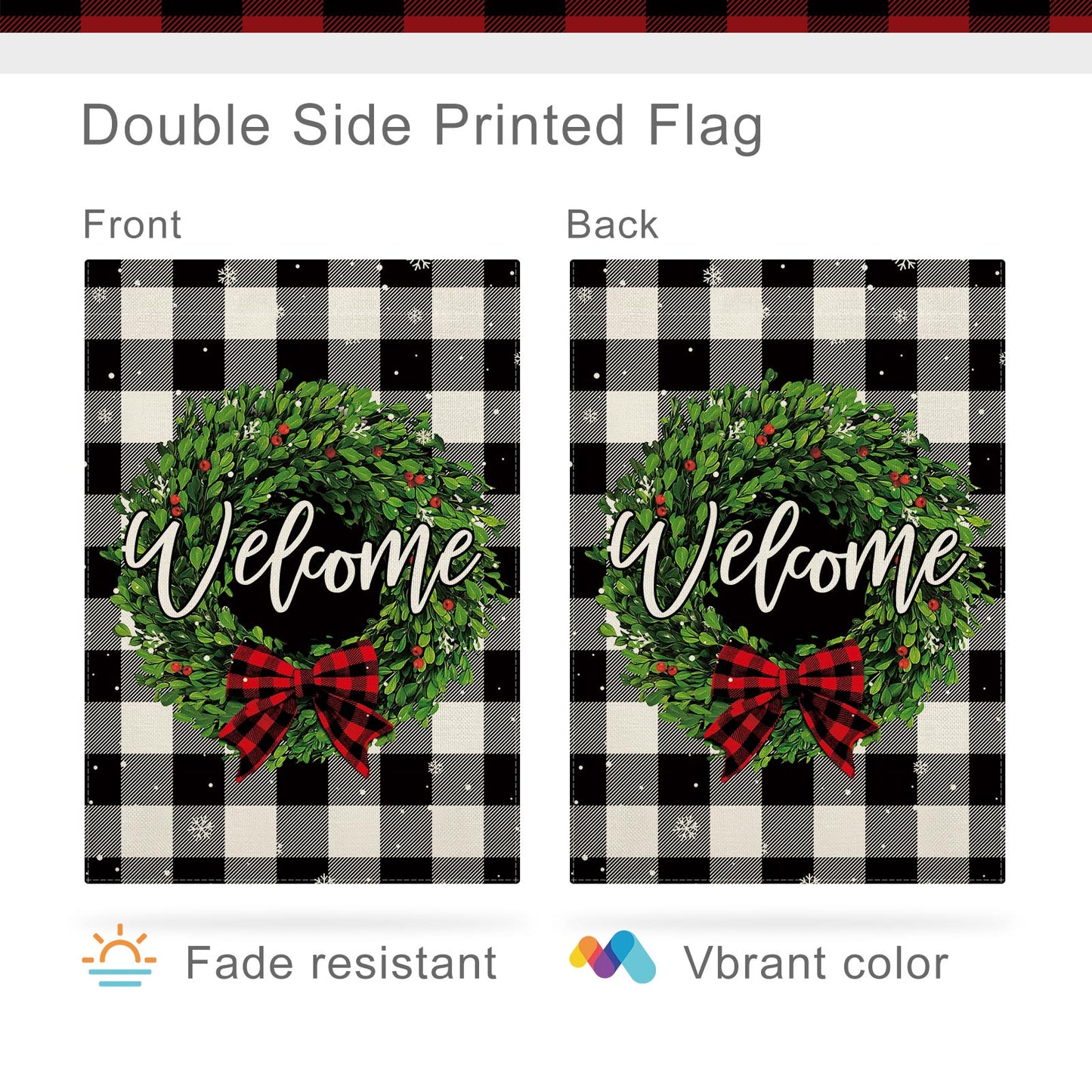 CMEGKE Christmas Garden Flags Welcome Wreath Garden Flag Black White Buffalo Plaid Check Double Sided Winter Yard Flag Holiday Outdoor Flag Home Farmhouse Christmas Decorations Outdoor 12.5 x 18 In