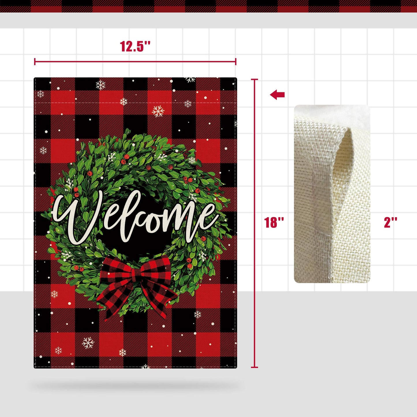 CMEGKE Christmas Garden Flag Welcome Wreath Garden Flag Red Buffalo Check Plaid Double Sided Winter Yard Flag Holiday Outdoor Flags Home Farmhouse Christmas Decorations Outdoor 12.5 x 18 In