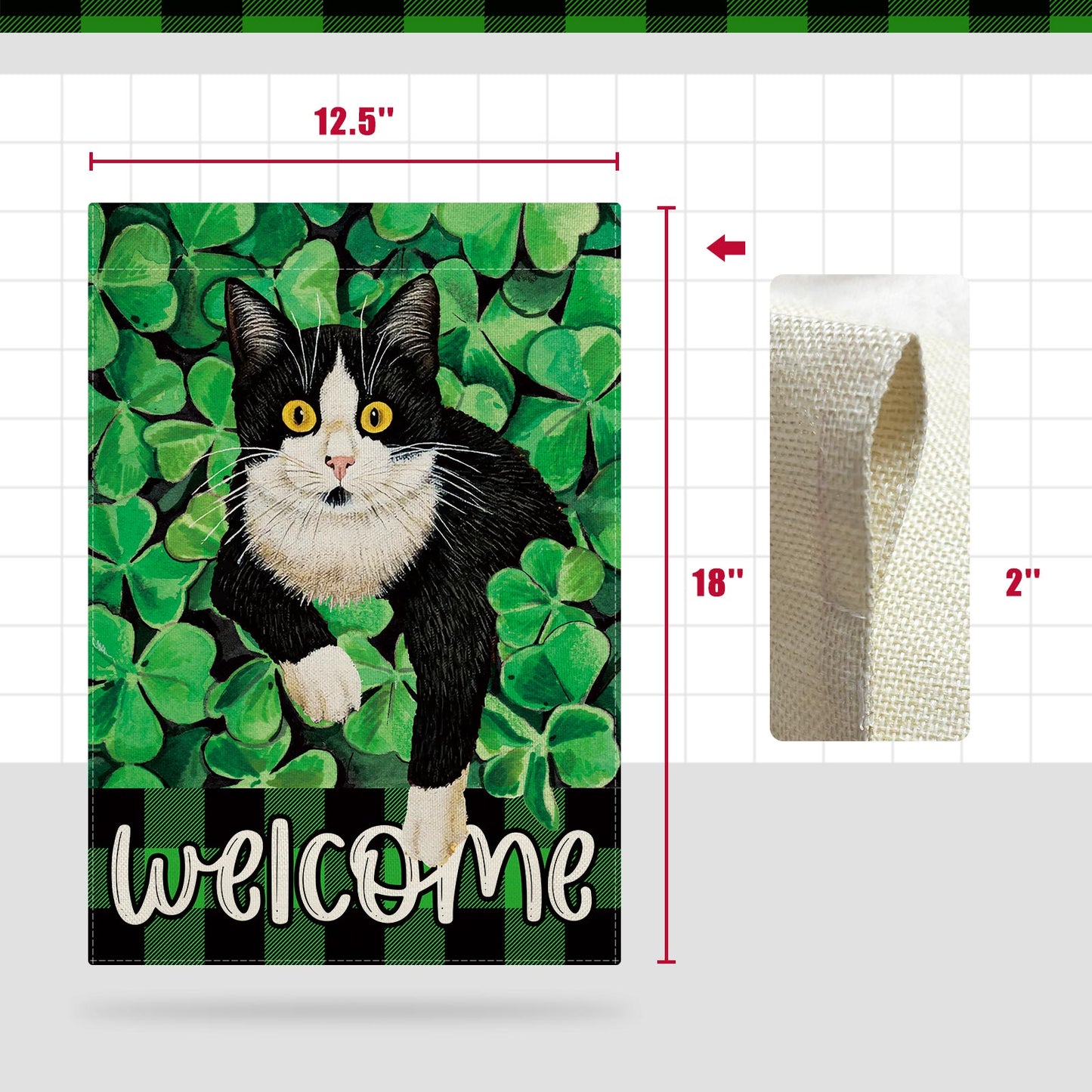 CMEGKE St. Patrick's Day Cat Garden Flag, St Patrick's Day Garden Flag, Green Shamrocks Cat Welcome Garden Flag Spring Summer Garden Flag Rustic Vertical Double Sided Burlap ST Patricks Day Holiday Party Farmhouse Yard Home Outside Decor 12.5 x 18 In