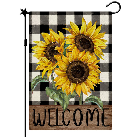 CMEGKE Sunflower Garden Flag, Buffalo Floral Welcome Garden Flag, Spring Summer Garden Flag Vertical Double Sided Burlap Party Holiday Yard Home Farmhouse Outside Decor 12.5 x 18 In